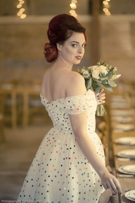 off the shoulder multi coloured polka dot wedding dress with ballerina length skirt. photo by https://duncanholmesphotography.co.uk/ Wedding Dress With Polka Dots, Wedding Dress Polka Dot, Polka Dot Tulle Wedding Dress, Polka Dot Tulle Dress, Dot Wedding Dress, Polka Dot Dress Vintage, Polka Dot Wedding Dress, Wedding Dress Off The Shoulder, 60s Wedding