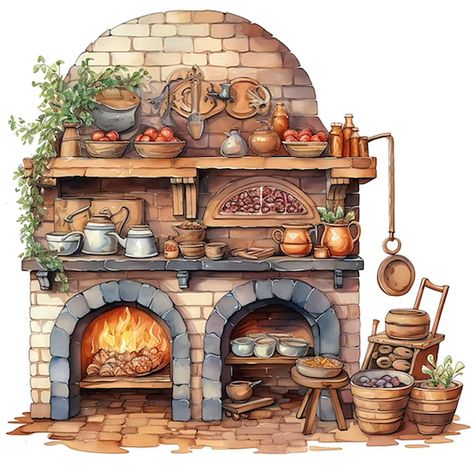 Nostalgische Küche, vintage kitchen Vintage Country Kitchen, Kitchen Clipart, Kitchen Drawing, Victorian Kitchen, Dreamy Artwork, Watercolor Vintage, House Design Pictures, Victorian Scrap, Fantasy Props