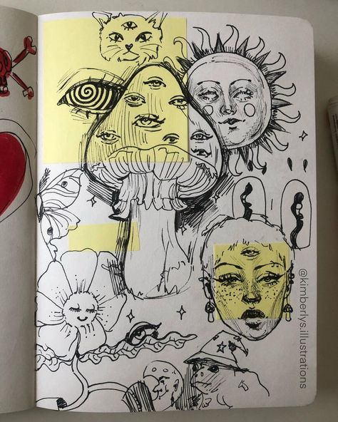 Kimberly 🍓 on Instagram: “A page of random doodles 🍄✨🌈 #sketchbookpage #mushroomart #mushroomillustration #wierdart #doodlesofinstagram #sketching #sketchlondon…” Person Reading Drawing, Lead Pencil, Random Doodles, Arte Grunge, Indie Drawings, Peach Art, Sketchbook Art Journal, Grunge Art, Art Diary