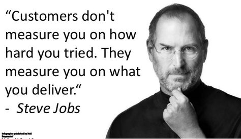 "Customers Don't Measure You On How Hard You Tried. They Measure You On What You Deliver." - Steve Jobs Customer Service Training, Bad Customer Service, Sales Quotes, Customer Service Quotes, Steve Jobs Quotes, Service Quotes, Quotes By Famous People, Bill Gates, Leadership Quotes