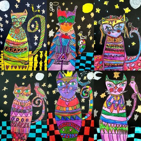 Kate Driscoll on Instagram: “Loving these Heather Galler inspired cats by my Year 2s. Hoping the rest of the class will finish in their final lesson next week. 🤞🤞🤞 .…” Heather Galler, Art Teaching, My Year, The Class, Elementary Art, Art Club, Teacher Life, Art Teacher, Next Week