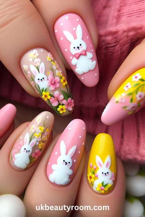 Step into the Easter vibe with these 21 fantastic nail designs! Whether it’s adorable bunnies or vibrant eggs, we’ve got you covered to make your nails pop! Spring, pretty pastel color, easy, natural, cute, simple, gel, acrylic, dip, for short nails, coffin, short, almond shape, long Easter Nails Design Spring, Easter Nails Easy, Easter Nail Art Designs, Kids Nail Designs, Bow Nail Art, New Nail Art Design, Easter Nail, Bunny Nails, Easter Nail Designs