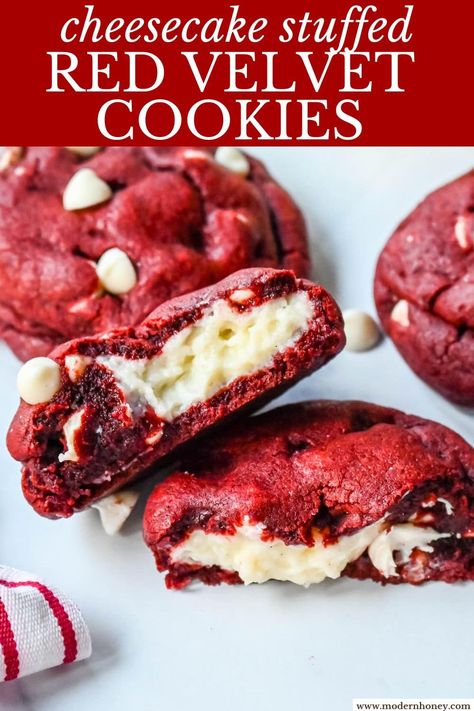 Cheesecake Stuffed Red Velvet Cookies Red Velvet Holiday Cookies, Red Velvet Cheesecake Stuffed Cookies, White Velvet Cookies, Valentine Whoopie Pies, Red Velvet Cookies With Cream Cheese Filling, Subway Raspberry White Chocolate Cookies, Baking With White Chocolate Chips, Valentines Day Treat Recipes, Best Red Velvet Cookies Recipe