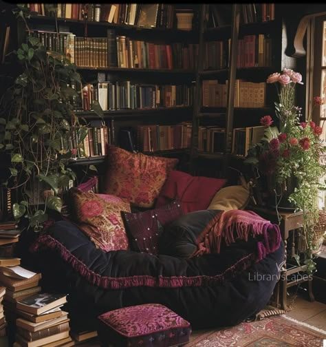 Boho Whimsigoth Living Room, Book Corner Apartment, Maximalist Cozy Decor, Dark Room Decor Aesthetic, Witch Core Living Room, Maximalist Entrance Hall, Cohesive Maximalism, Home Decor Whimsigoth, Dark Romantic Apartment