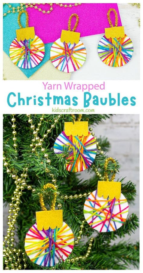 Yarn Wrapped Christmas Baubles, Ornaments For Kindergarteners To Make, Yarn Wrapped Christmas Ornaments, Paper Christmas Decorations For Kids, Kids Craft Ornaments, Christmas Tree Ornaments Diy For Kids, December Arts And Crafts For Kids, Kindergarten Christmas Ornaments, Easy Diy Ornaments For Kids