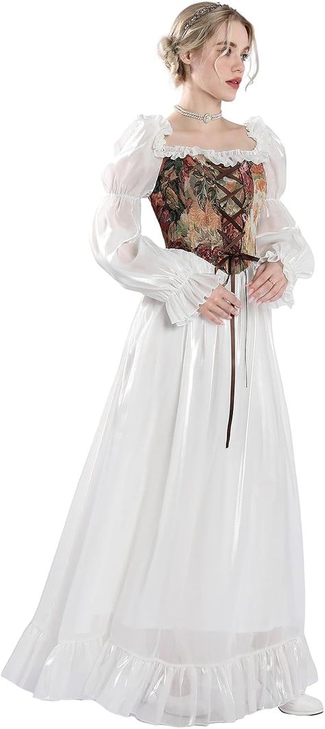 NSPSTT White Renaissance Dress Women Fairy Dress Victorian Medieval Costume Victorian Outfits Women, Medieval Outfit Women, White Medieval Dress, Medival Outfits Women, Regency Ball, Elegant Vintage Dresses, Medieval Outfit, Fair Outfits, Wedding Clothing