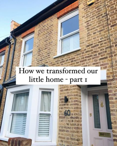 Imogen Stead | First-time renovator & DIY-er on Instagram: "Part 1 of our little home transformation - the front of the house and downstairs 🙌 here’s what we did: 
🤍  restored the front of the house by removing the pebbledash, repairing and repointing the bricks, restoring the bay window and taking down the porch, and replacing the windows
🤍 removed the downstairs bathroom and made the kitchen twice the size, completely renovating it
🤍 put up walls again around the living room as the whole ground floor had been open plan, and again completely renovated it
🤍 replaced the old staircase and built walls around that too to create a separate space for the stairs 
🤍 replaced the upvc front door with a solid timber door 

Part 2 will feature the upstairs and how we’ve gone from two rooms to 1960s House Renovation Uk, Open Plan Terraced House, Open Plan Ground Floor, 1960s House Renovation, Small Terraced House, Old Staircase, Tiny Entryway, Upvc Front Door, Reminder To Myself