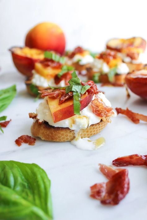 Peach Appetizer, Prosciutto Crostini, Prosciutto Appetizer, Peach Burrata, Crostini Appetizers, Crispy Prosciutto, Grilled Bread, Grilled Peaches, Cooking 101