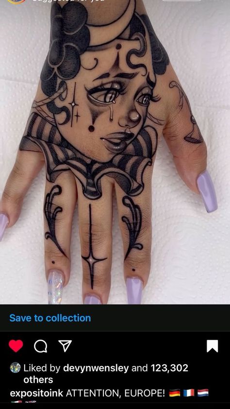 Cool Tattoos Medium Size, Womens Hand And Wrist Tattoos, Clown Drawing Aesthetic, Hand And Wrist Tattoos For Women, Shaded Tattoos Women, Blackwork Hand Tattoo, Face Hand Tattoo, Small Face Tattoos, Soft Shading