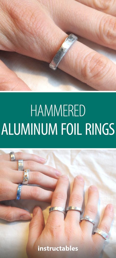 Art Rings Jewelry, Aluminum Jewelry Tutorials, Jewelry From Aluminum Cans, Tin Foil Jewelry, Tinfoil Jewelry, Aluminum Foil Jewelry, Crafts With Aluminum Foil, Hammered Wire Jewelry Diy, How To Make Metal Jewelry