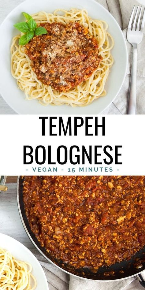 This vegan Tempeh Bolognese can be made in 15 minutes! It's quick, easy, and delicious! | ElephantasticVegan.com #vegan #tempeh #bolognese Tempeh Bolognese, Vegetarian Bolognese, Resep Vegan, Vegan Tempeh, Vegan Bolognese, Tempeh Recipes, Vegan Pasta Recipes, Healthy Ingredients, Vegan Meal