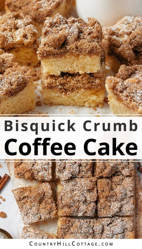 This moist Bisquick coffee cake is a quick and easy recipe you can put together in a pinch. Made with Bisquick baking mix, brown sugar, and butter, it takes just 20 minutes and 7 pantry staple ingredients to prepare this simple, soft and fluffy coffee crumb cake. You can whip it up whenever you’re in the mood for homemade cake. The Bisquick cinnamon streusel cake is perfect for breakfast, brunch and teatime, bring to a bake sale, but could also double as dessert. | CountryHillCottage.com Bisquick Sour Cream Coffee Cake, Bisquick Coffee Cake Recipe Sour Cream, Sour Cream Baking Recipes, Bisquick Coffee Cake, Bisquick Coffee Cake Recipe, Bisquick Breakfast, Bisquick Mix Recipe, Easy Coffee Cake, Wild Recipes