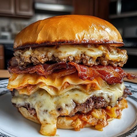 Bacon Lasagna Burger, Bacon Lasagna, Smash Burger Recipe, Marinara Sauce Recipe, Meat Diet, Patty Melt, Cheese Burger, Food Babe, Smash Burger