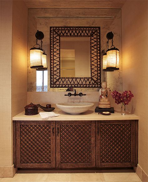 This is Cher's "Indian Fantasy" Hollywood home, designed by Martyn Lawrence-Bullard. This is THE LOOK I'm going for in our Chennai apartment. Neutral & relaxing, with texture and some India color. (follow our progress & inspiration at www.indiapiedaterre.com) Bathroom Indian, Indian Bathroom, Sink Mirror, Washbasin Design, Wood Bathroom Vanity, Indian Interiors, Bathroom Small, Casa Country, Hollywood Homes