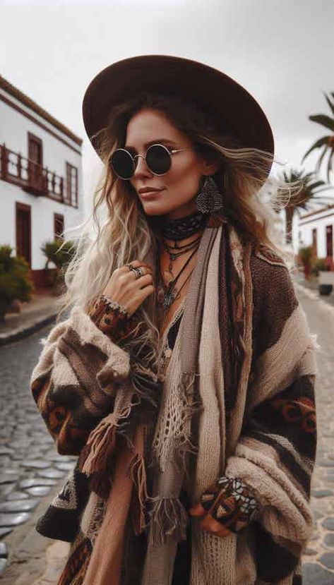 Boho Winter Outfits / Inspiration | Sand & Lava Boho Winter Outfits Hippie, Punchy Winter Outfits, Winter Hippie Outfits Boho, Boho Christmas Outfit, Boho Outfits Aesthetic, Bohemian Style Clothing Winter, Boho Outfits Winter, Boho Holiday Outfits, Winter Boho Style