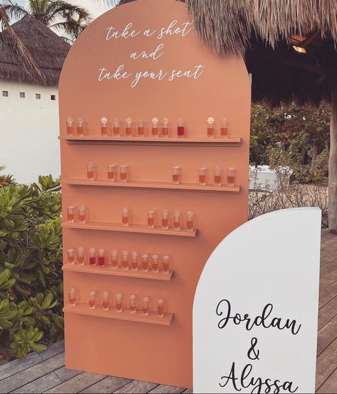 Take A Shot Take A Seat, Shot Wall Party, Shot Wall Wedding, Take A Shot And Take A Seat, Wedding Seating Chart Display, Diy Backdrop Stand, Drink Wall, Sicilian Wedding, Christmas Party Drinks