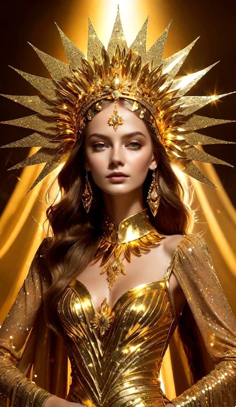 Sun Costume Women Dress, Sun Queen Costume, Goddess Of Sun Costume, Sun Queen Aesthetic, Sun Fairy Costume, Sun Goddess Outfit, Gold Goddess Costume, Atla Fashion, Opulence Outfit