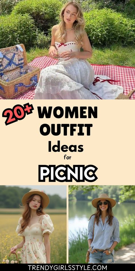 Get inspired with stylish women outfit ideas for picnics! From breezy dresses to comfy jeans and tops, find the perfect balance between casual and chic for your outdoor adventure. Stay comfortable while looking effortlessly fashionable! #PicnicOutfits #CasualStyle #SummerFashion Picnic Outfit Inspiration, Picnic Summer Outfit, Fall Picnic Outfit Ideas, Picnic Ideas Outfit, Outfit Ideas For Picnic, Picnic Outfit Ideas Casual Jeans, Picnic Dress Ideas, Casual Picnic Outfit, Garden Outfit Ideas