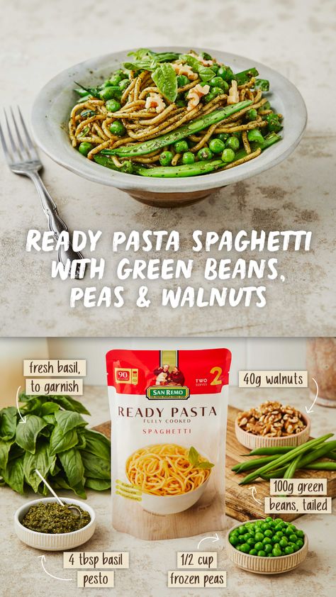 Ready Pasta Spaghetti with Green Beans, Peas & Walnuts - San Remo Quiches Recipes, Veg Meals, Risotto Dishes, Pasta Spaghetti, Vegetarian Foods, Health Dinner, Spaghetti Pasta, Health Dinner Recipes, Quiche Recipes