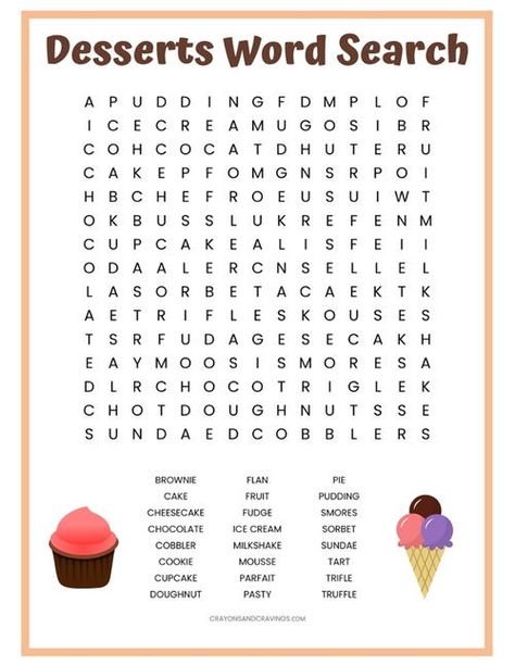 Desserts Word Search Printable Wordsearch Worksheets For Adults, Dessert Worksheet, Large Print Word Search Printable, Free Printable Word Search Puzzles For Adults, Puzzle Words Worksheets, Simple Word Search For Kids, Find Words Puzzle For Kids, Word Search Printables For Adults, Find The Words Puzzle