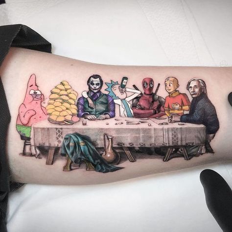 Mini-Colored-Pop-Culture-Tattoo-Kozo Rick E Morty, Tattoo Artists Near Me, Funny Tattoo, Kunst Tattoos, Epic Tattoo, Geniale Tattoos, Tatuaje A Color, The Last Supper, Weird Tattoos