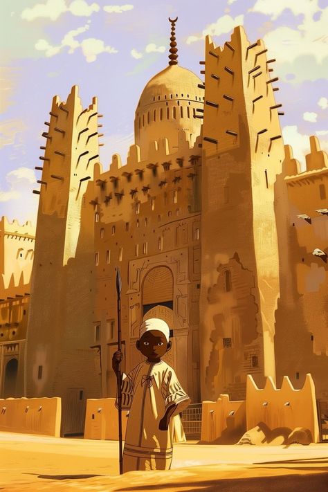 African Landscape Illustration, Africa Concept Art, African Fantasy Landscape, Ancient African Architecture, African Concept Art, African Fantasy Art, Afro Architecture, Medieval Africa, Mali Empire