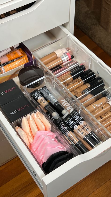 Reorganizing my beauty room feels so good!!🤩 organization, makeup organization, concealer organization, concealer drawer, Huda Beauty, beauty room inspo Organization Goals, Jessi Malay, Rangement Makeup, Organize Makeup, Penyimpanan Makeup, Beauty Room Vanity, Room Organization Bedroom, Lipstick Organizer, Makeup Drawer Organization