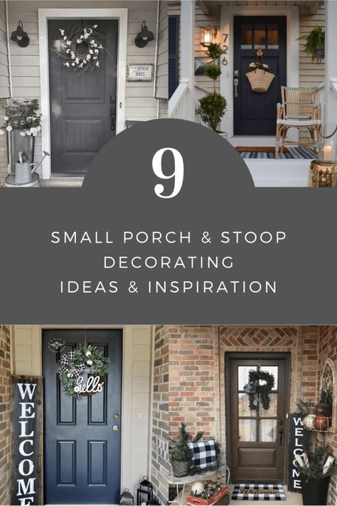 Small Porch With Bench, Small Front Porch Potted Plant Ideas, Single Door Front Porch Decor, Exterior Door Decor Ideas, How To Decorate A Small Front Stoop, Small Porch Spring Decor, Farmhouse Small Front Porch Ideas, L Shaped Front Porch Decorating Ideas, Small Porches Ideas Entrance