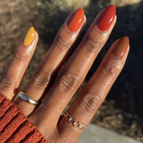 Orange Monochrome Nails, Dip Polish Ideas, Fall Rainbow Nail Colors, Different Shade Of Orange Nails, Rainbow Fall Nails, Autumn Rainbow Nails, Fall Color Nails Short, Fall Rainbow Nails, Fun Nails Fall