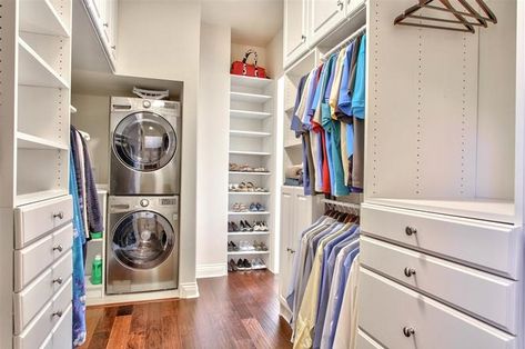 Laundry Dressing Room, Master Closet To Laundry Room, Walk In Closet With Washer And Dryer, Master Closet Laundry Combo, Laundry Room In Master Closet, Master Closet With Washer And Dryer, Closet With Washer And Dryer, Small Master Closet, Primary Closet