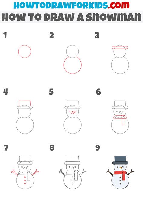 How To Draw A Snowman Step By Step, Cute Snowman Drawing Easy, Step By Step Drawing Christmas, Snow Man Drawing Easy, How To Draw Winter, Simple Snowman Drawing, How To Draw Christmas Lights, How To Draw Christmas Stuff Step By Step, How To Draw A Christmas Tree Easy