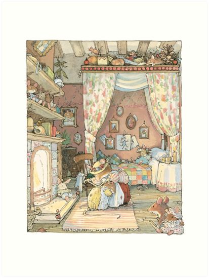 Primrose was nearly asleep by the time they got home. Lady Woodmouse carried her up to her little room and took off her wet clothes and got her ready for bed by the fire • Also buy this artwork on wall prints, apparel, stickers, and more. Susan Wheeler, Jill Barklem, Cute Mice, Brambly Hedge, 동화 삽화, Cute Mouse, Beatrix Potter, Childrens Illustrations, Children's Book Illustration