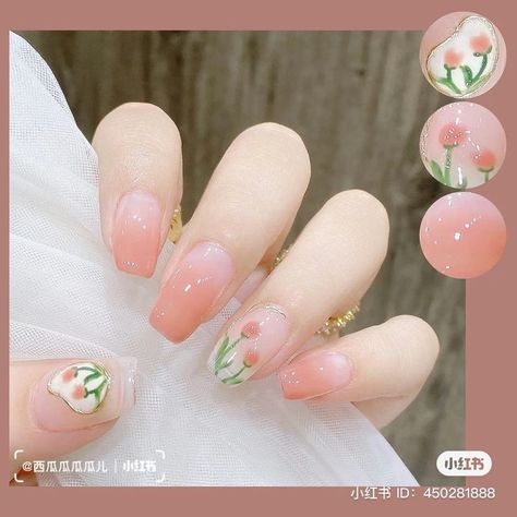 Light Pink Korean Nails, Flower Nails Korean, Tulip Inspired Nails, Pink Tulip Nails, Tulip Nail Art Designs, Nail Tulip, Tulip Nail Art, Uñas Coquette, Tulip Nails