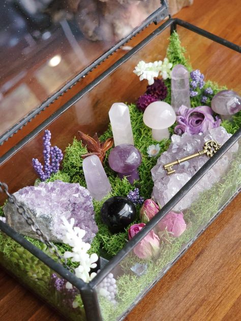 Crystal Garden Diy, Crystal Gardens, Crystals Garden, Crystal Projects Diy, Diy Crystal Display, Crystal Garden Terrarium Diy, Crystal Terrarium Ideas, Terrariums With Crystals, Plants And Crystals