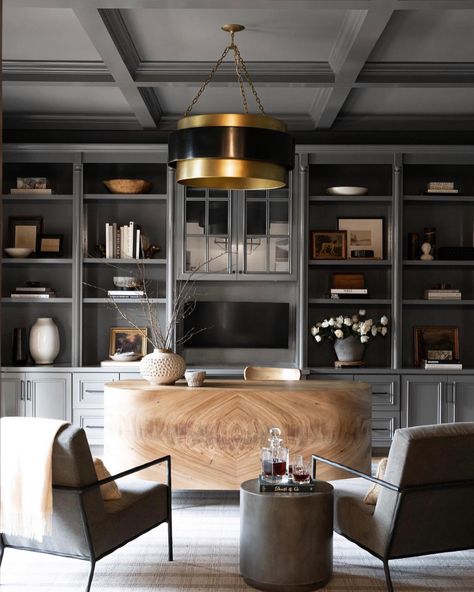 Dark Home Office, Gray Armchair, Forest Project, Masculine Home Office, Moody Office, Office Transformation, Elegant Home Office, Sleek Desk, Office Paint