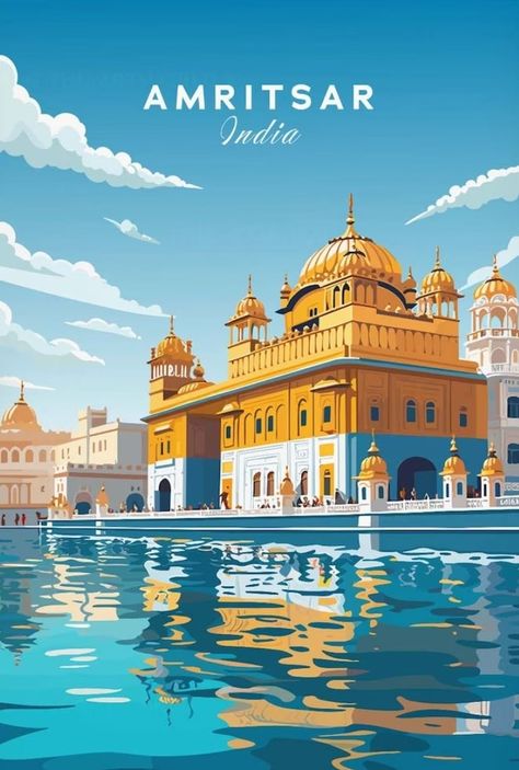 India Poster, Travel Picture Ideas, Travel Poster Design, Art Painting Tools, Travel Painting, Travel Postcard, Retro Travel Poster, City Illustration, Amritsar