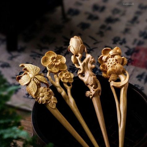 Hairpin Chinese, Chopstick Hair, Chinese Flower, Orange Wall Art, Chinese Ancient, Orange Walls, Carving Designs, Hanging Decorations, Wood Carving Art