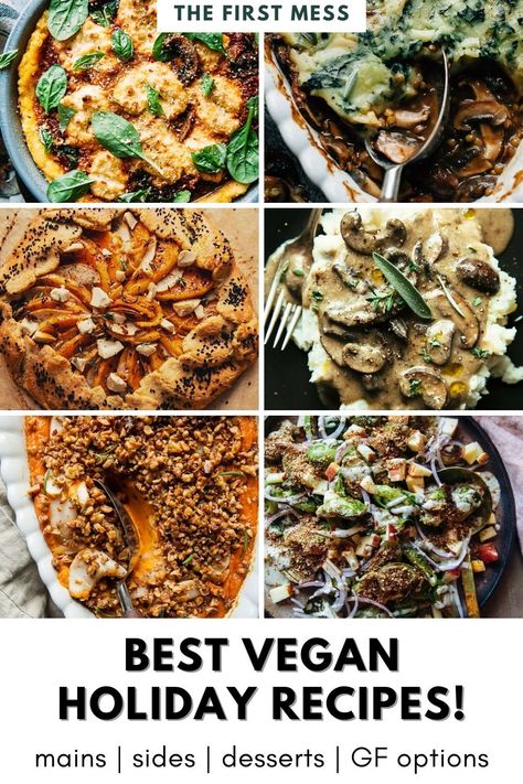 This roundup of vegan holiday recipes is an amazing addition to your plant based holiday meals lineup. Featuring mains, sides, fun salads, easy vegan appetizers, vegan and gluten free gravy options, and holiday drink recipes this is one of the most thorough collections of vegan Thanksgiving recipes. If you've been looking for vegan Christmas dessert recipes or just some vegan gluten free holiday appetizers, look no further! Vegan Sides Christmas, Vegan Holiday Main Dish, Christmas Dinner Vegan Recipes, Plant Based Holiday Recipes, Vegan Holiday Side Dishes, Vegan Christmas Dinner Sides, Wfpb Holiday Recipes, Plant Based Christmas Dinner, Vegan New Years Dinner