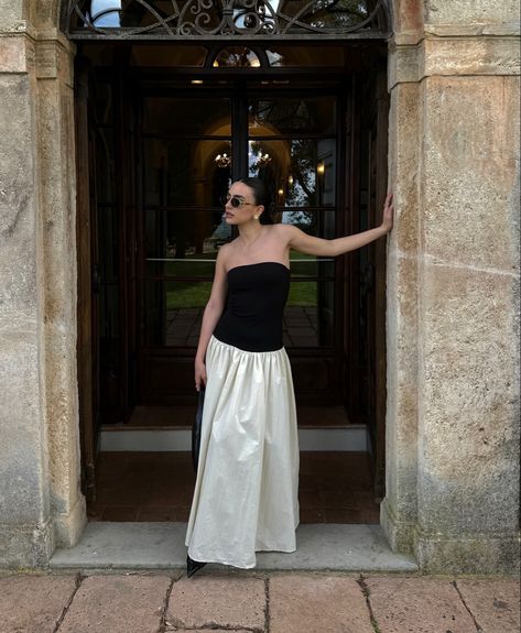 Bandeau, dress, drop waist, maxi dress, contrast, black, cream, tuscany outfit, celine triomphe sunglasses Tuscany Outfit, Celine Triomphe Sunglasses, Black Summer Dress, Dress Drop Waist, Celine Triomphe, Summer 25, Drop Waist Dress, Summer Black Dress, Bandeau Dress