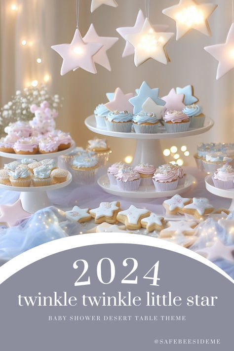 A pastel-colored "Twinkle Twinkle Little Star" baby shower dessert table with star-shaped cookies, cupcakes, and glowing star decorations, creating a magical atmosphere. *We may earn a small commission from your purchase. Twinkle Sprinkle Little Star, Wish Upon A Star Baby Shower Ideas, Star Theme Baby Shower Ideas, Baby Shower Twinkle Twinkle Little Star, Twinkle Twinkle Little Star-baby-showers, Dreamy Baby Shower Theme, Twinkle Little Star Baby Shower Ideas, Twinkle Twinkle Little Star Gender Party, Twinkle Twinkle Gender Reveal