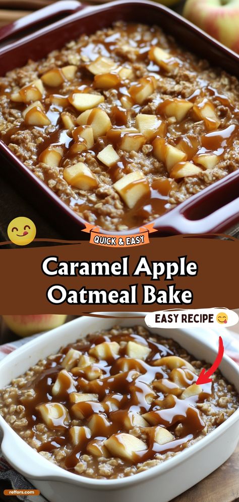 Start your morning with the warm and inviting flavors of a Caramel Apple Oatmeal Bake. This hearty breakfast option blends sweet apples with rich caramel, baked into a comforting oatmeal casserole that will keep you satisfied all morning long. #HealthyBreakfast #AppleCaramel #OatmealBake Caramel Apple Casserole, Carmel Oatmeal Apple Bake, Oatmeal Apple Bake, Apple Oatmeal Bake, Fall With Friends, Caramel Apple Oatmeal, Baked Oatmeal Recipes Breakfast, Amish Baked Oatmeal, Easy Baked Oatmeal