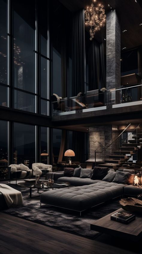 Dark Interior Design Dark Modern Interior, Dark Modern House, Dark Interior Design, Stairs In Living Room, Dark Living Rooms, Dark Modern, Dark House, Dark Home, Rustic Home Design