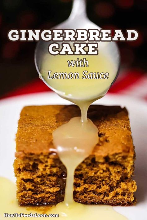 Gingerbread Cake with Lemon Sauce is the perfect holiday dessert. The cake is super moist with a hint of spice and matches perfectly with the sweet lemon sauce. Delicious! Get the complete recipe with ALL-NEW VIDEO on the blog! Gingerbread Cake With Lemon Sauce, Easy Gingerbread Cake, Lemon Sauce Recipe, Gingerbread Dessert, Molasses Recipes, Gingerbread Cake Recipe, Easy Gingerbread, Lemon Cream Cheese Frosting, Holiday Cake