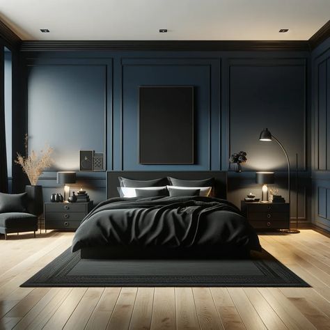 navy blue walls and black bedroom furniture Dark Themed Room Aesthetic, Dark And Moody Home Aesthetic, Dark Boho Bedroom, Dark And Moody Bedroom, Moody Bedroom Ideas, Blue Bedroom Ideas, Dark Blue Bedrooms, Blue Bedroom Walls, Navy Blue Bedrooms