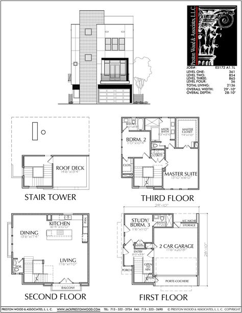 3 story townhome plans, inner city, modern townhouse design, Nashville TN. – Preston Wood & Associates Three Story House Plans, Townhome Plans, Town House Plans, Three Story House, Modern House Floor Plans, Modern Townhouse, Townhouse Designs, Sims House Plans, Plans Modern