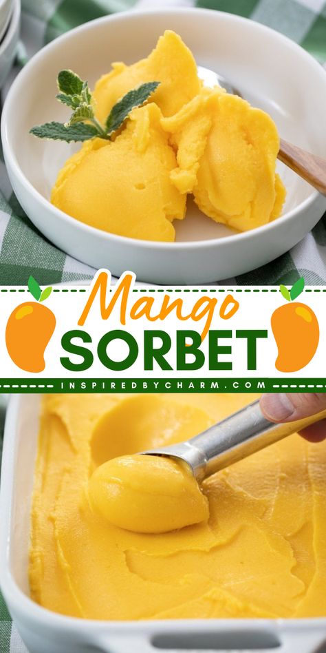 Craving a sweet summer frozen treat? This fruit sorbet is what you need! Using just 4 ingredients, this no-churn recipe lets you enjoy a homemade mango sorbet that's creamy and refreshing. Definitely one of the best summer desserts! Mango Sorbet Recipe, Homemade Sorbet, Sorbet Is, Best Summer Desserts, Sorbet Recipe, Mom On Timeout, Fruit Sorbet, Simple Syrup Recipes, Mango Sorbet