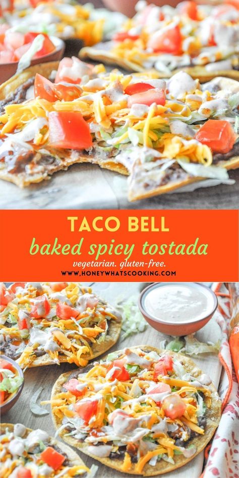 Taco Bell Spicy Tostada (baked, vegetarian, gluten-free) – Honey, Whats Cooking Essen, Taco Bell Tostada Recipe, Taco Bell Tostada, Tostadas Recipes, Mexican Tostadas, Baked Tostadas, Taco Bell Recipes, Tostada Recipes, Vegan Cheddar Cheese