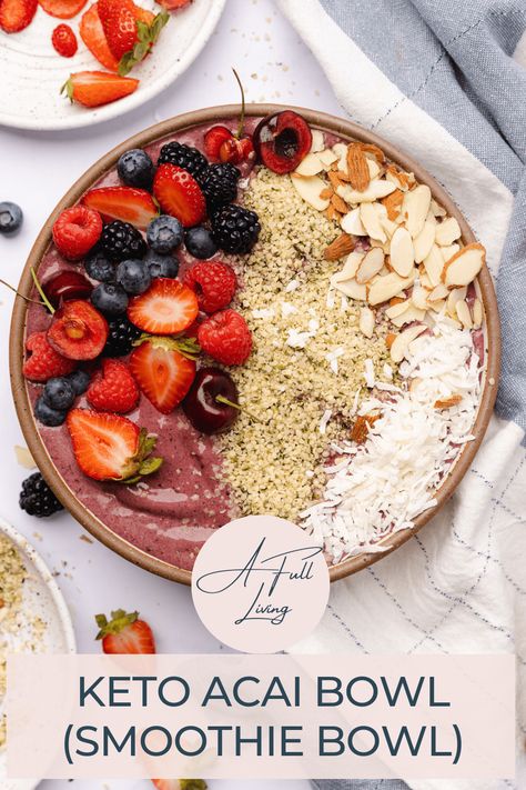 This Acai Smoothie Bowl is not only pretty to look at, but good for you too! It’s the perfect low carb fruity breakfast you’ve been missing, minus all the sugar and carbs. This bowl is a great source of protein and fat too, making it good for the keto diet, or any healthy diet. #afullliving #ketorecipes #smoothiebowlrecipe #smoothiebowl #smoothierecipe Acai Protein Bowl, Low Cal Acai Bowl, Keto Breakfast Bowls Low Carb, Low Carb Acai Bowl, Keto Acai Bowl Recipe, Keto Smoothie Bowl Recipes, Keto Yogurt Bowl, Low Carb Breakfast Bowls, Keto Acai Bowl