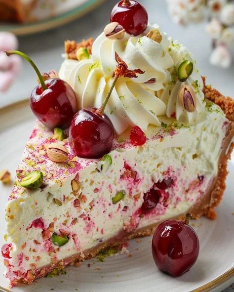 Pistachio Cheesecake Recipe, Cherry Pistachio, Cheesecake With Whipped Cream, Pistachio Cheesecake, Biscuits Graham, Dairy Free Cream, Cherry Cheesecake, Refreshing Desserts, Summer Dessert Recipes