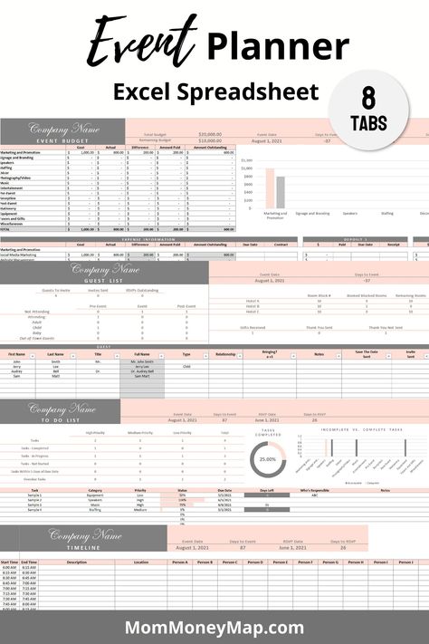 Event Planner Excel Spreadsheet – Mom Money Map Creative Excel Sheet Design, Event Timeline Template, Excel Sheet Design Ideas, Excel Planner Templates, Excel Design Ideas, Excel Table Design, Excel Spreadsheets Design, Event Management Ideas, Event Planner Office